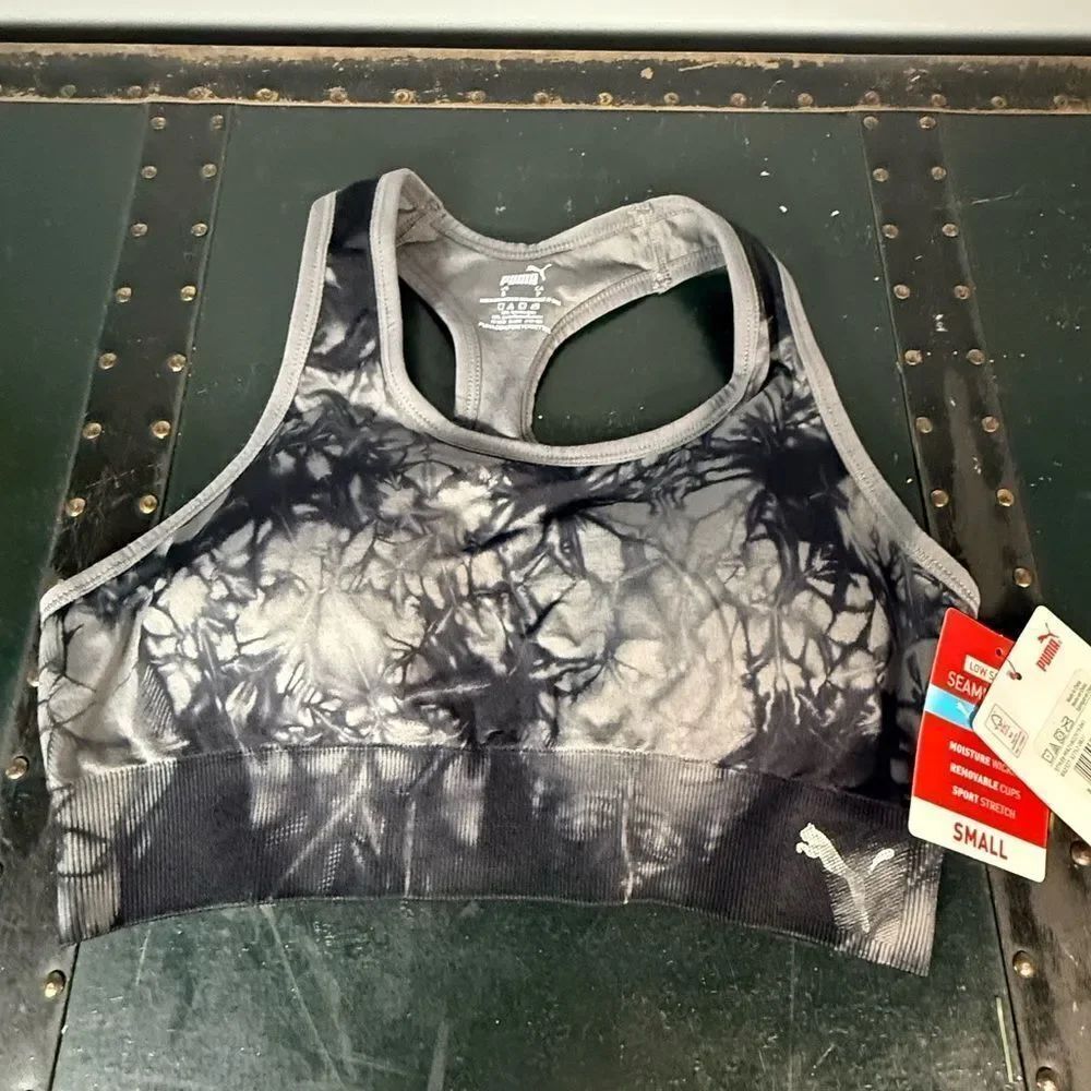 PUMA Bra Size Small Gray Sports Womens Tie Dye Removable Pads EUC T-back Comfy
